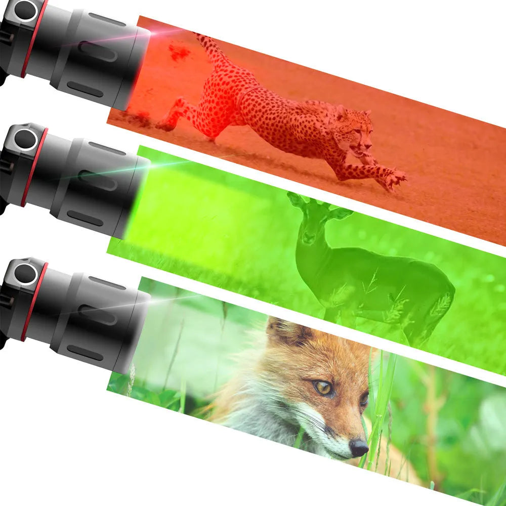 T6 LED headlamp showing white, red, and green light modes with zoomable focus and head strap