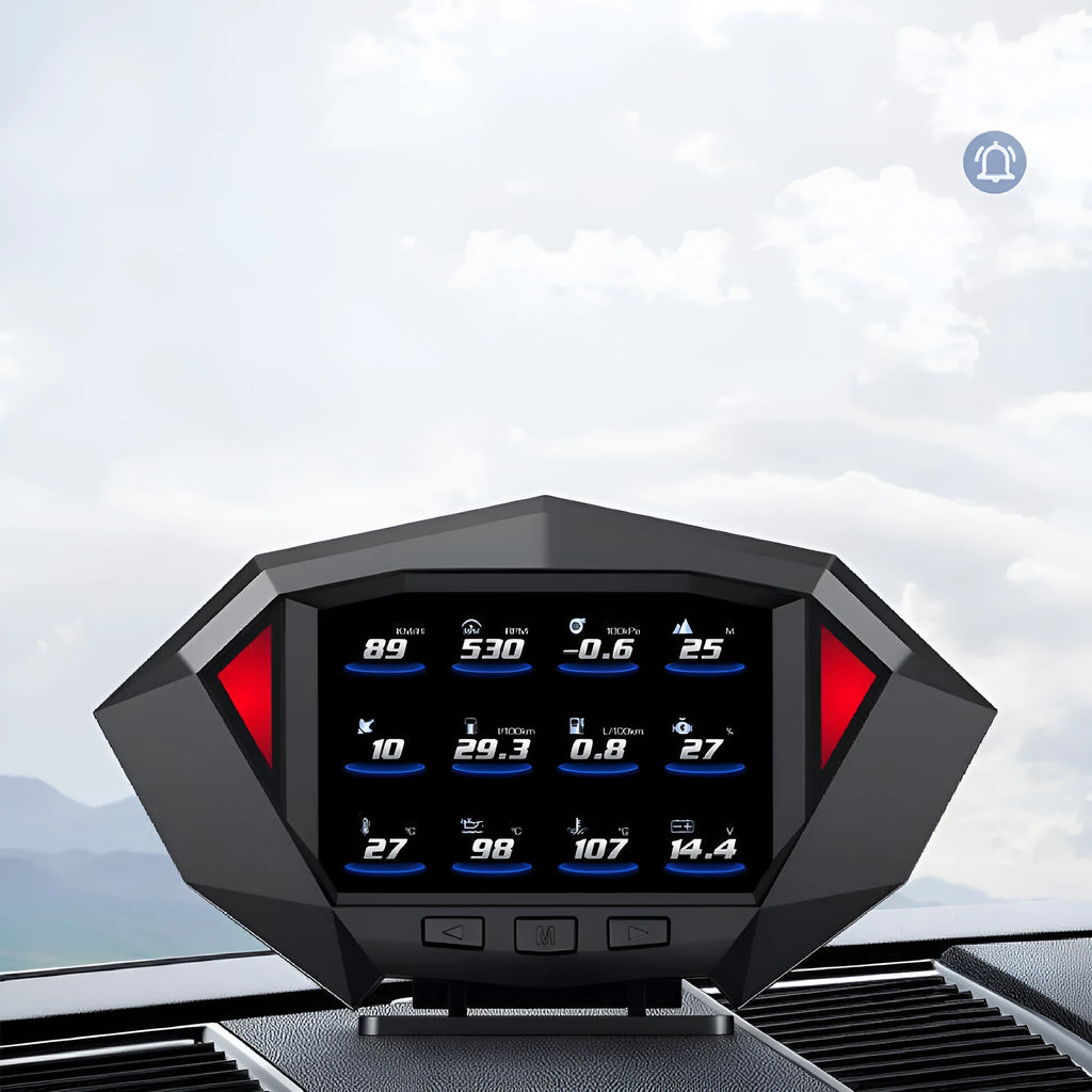 P1 black HD LCD vehicle head-up display unit with OBD cable on a car dashboard.