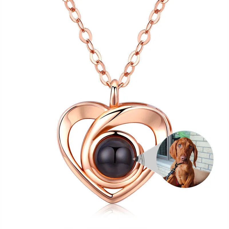 S925 silver heart shaped photo projection pendant necklace with silver finish on white background
