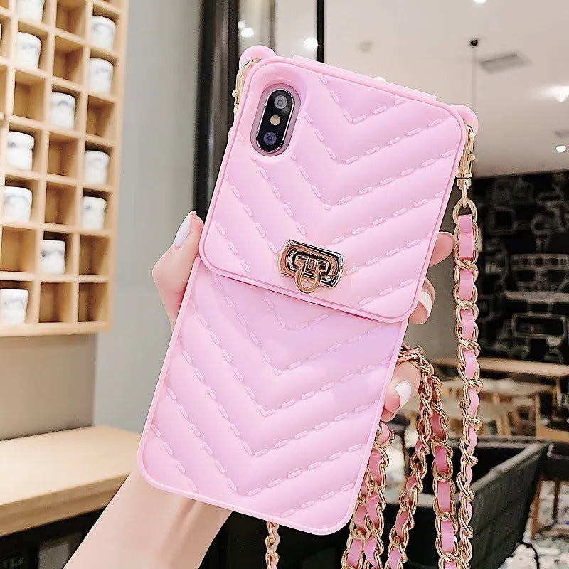 Chain card phone case wallet style in pure colour black with detachable chain on white background