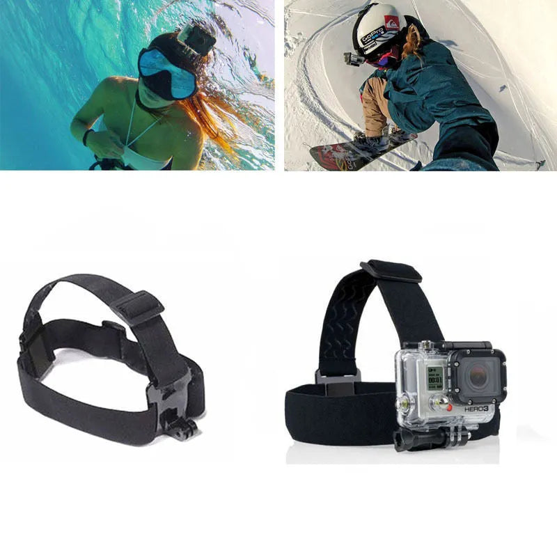 Black sports camera accessories set for action camera mounting and hands-free filming