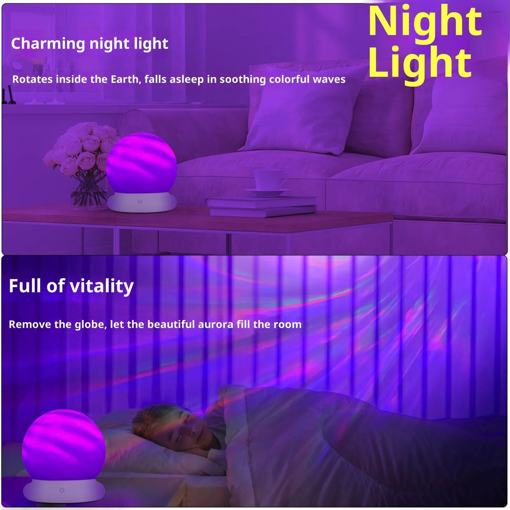 Northern lights projection lamp with remote control, showing aurora and flame effect, 3W, plug-in or rechargeable.