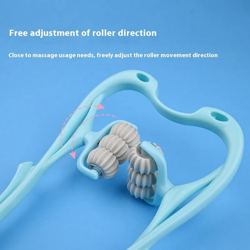 Blue plastic six-wheel neck and shoulder massager showing rolling wheel mechanism