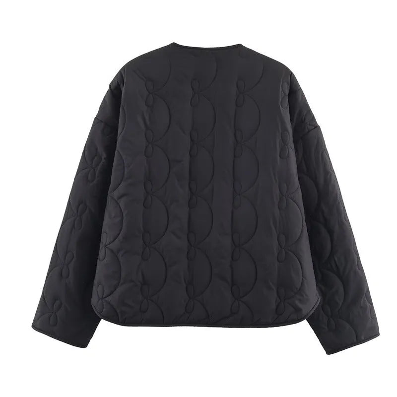 Women's black polyester bow quilted coat with straight cut and regular sleeves