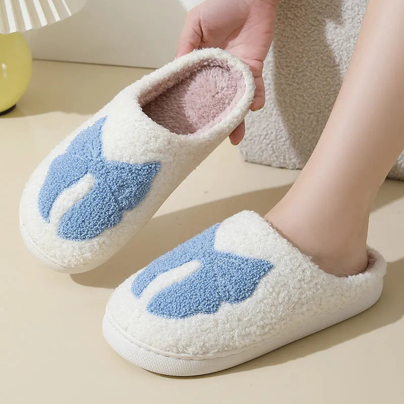 Cartoon bow knot cotton slippers in blue and pink colours with suede upper and TPR sole