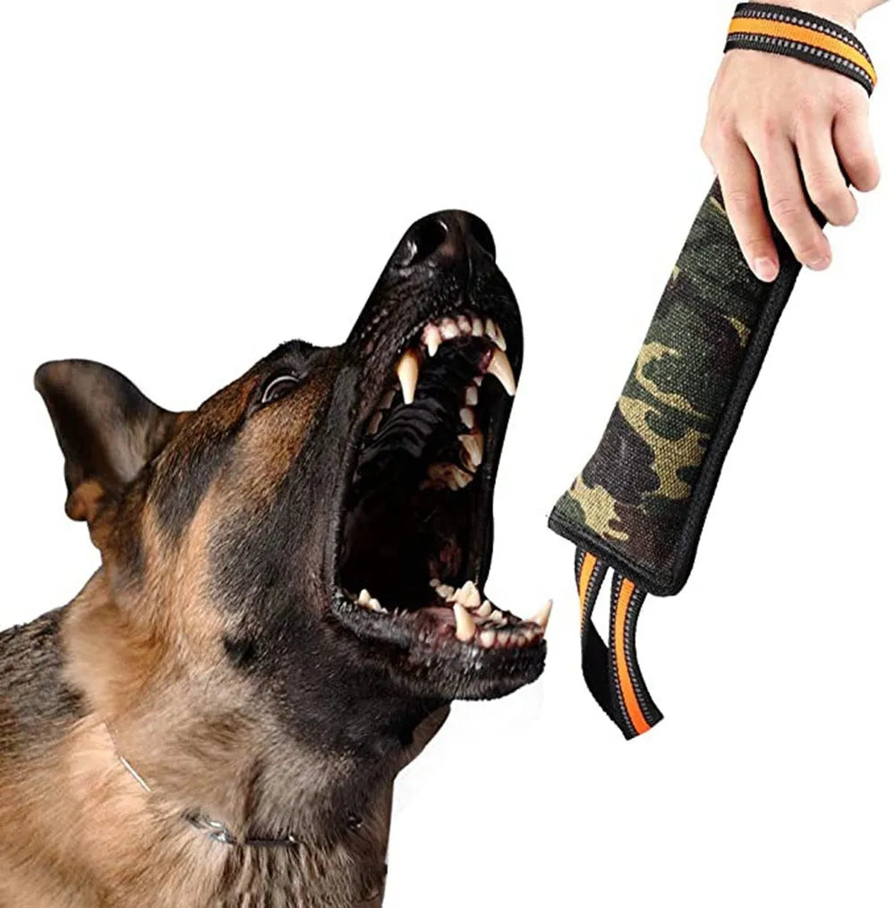 Reflective jute dog training bite stick 55cm with yellow edge on plain background