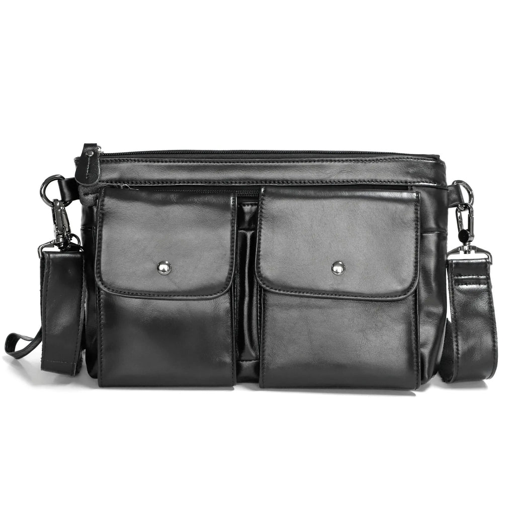 Genuine leather crossbody bag for men in solid black colour with adjustable shoulder strap