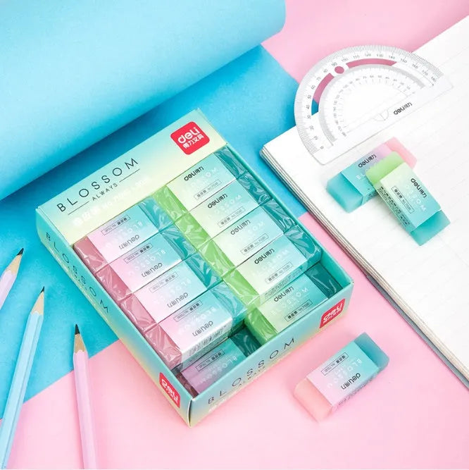 Close-up of a translucent coloured pencil rubber eraser, 4.8cm length, soft edges, for school and art use