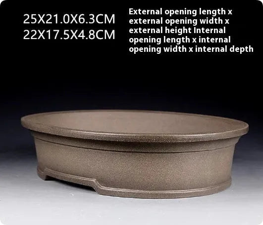 Handmade antique oval purple sand ceramic bonsai pot, 25cm long by 21cm wide.