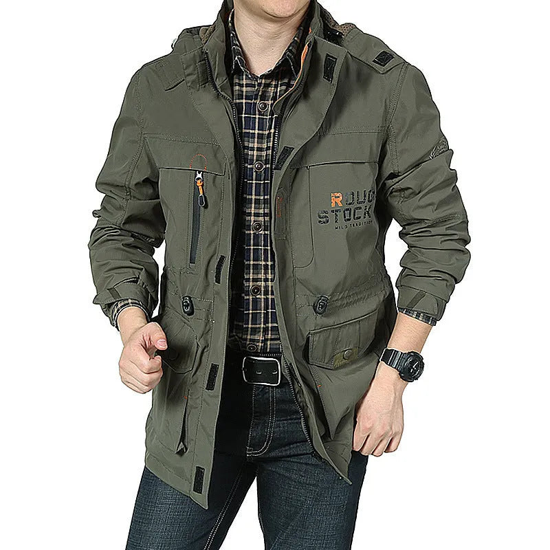 Men's spring casual waterproof breathable long hooded stand collar nylon jacket in khaki colour