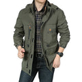 Men's spring casual waterproof breathable long hooded stand collar nylon jacket in khaki colour