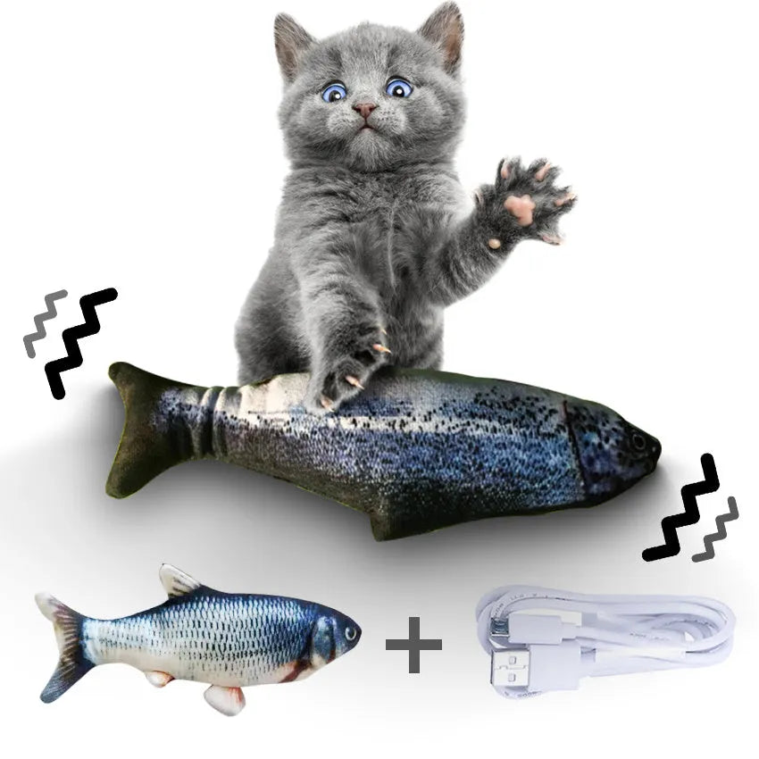 Electronic jumping fish cat toy with USB charging cable in multicolour 30cm design