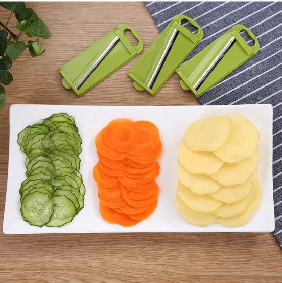 Multi-function vegetable chopper with 8 stainless steel blades, 28cm, brown plastic body, safety protector and blades on display