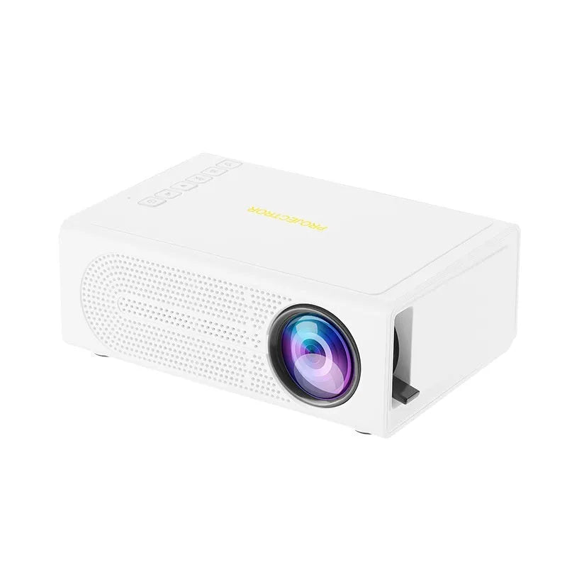 Black and white portable mini projector with wired mobile phone connection and international power adapters