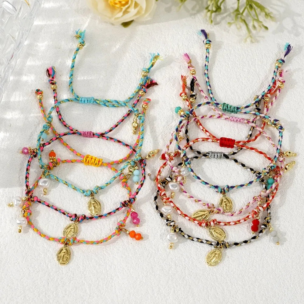 Colourful hand-woven braided rope bracelet with an ethnic style strap tag for women.