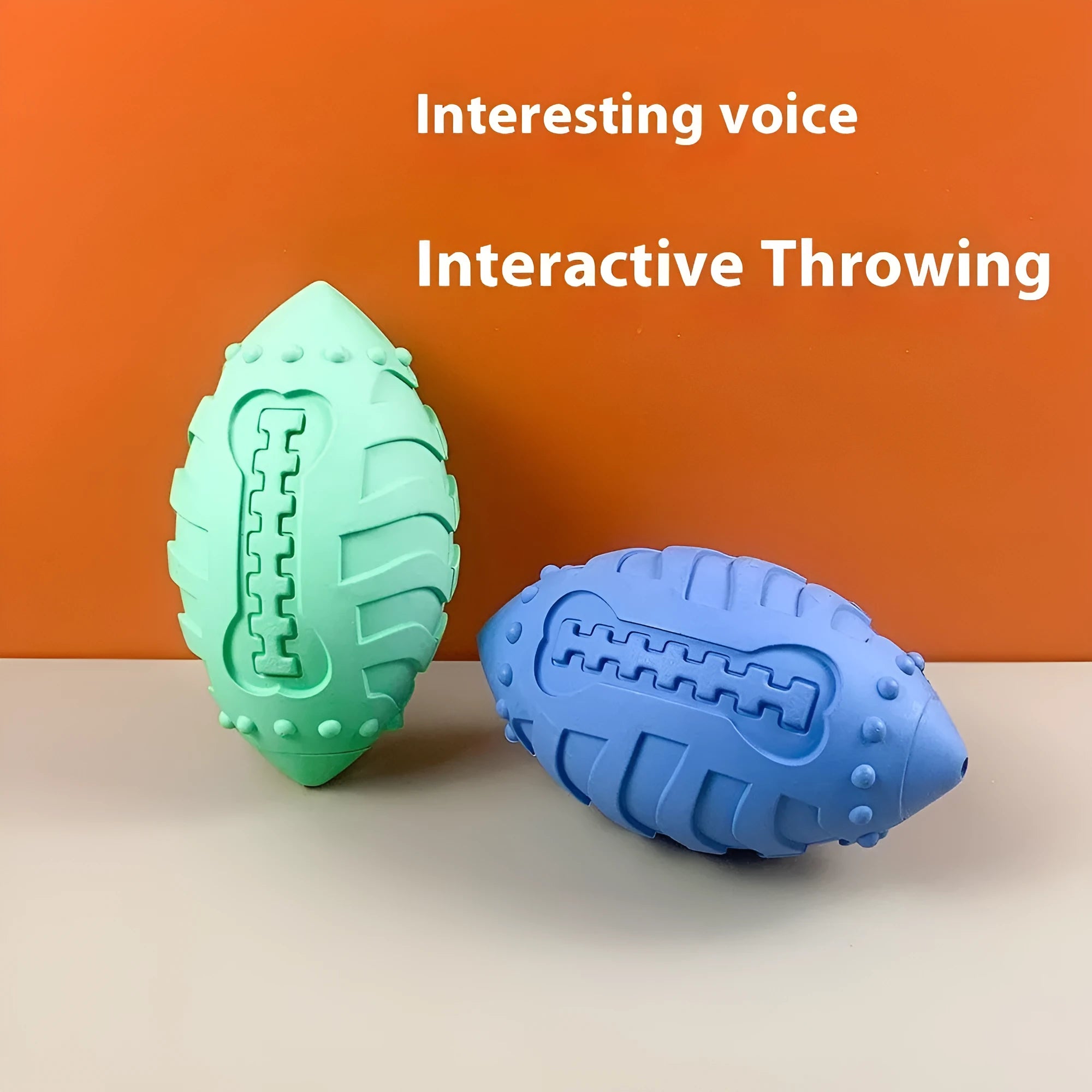 Light green bite-resistant rubber rugby dog toy with interactive vocal feature