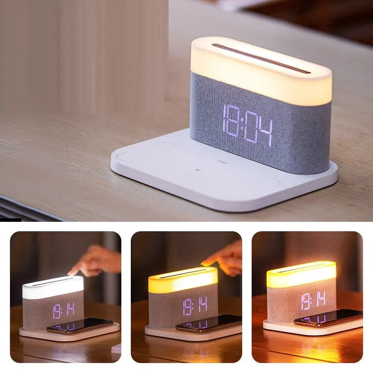 White or black four-in-one bedside lamp with wireless phone charging pad, digital clock display, and LED lighting