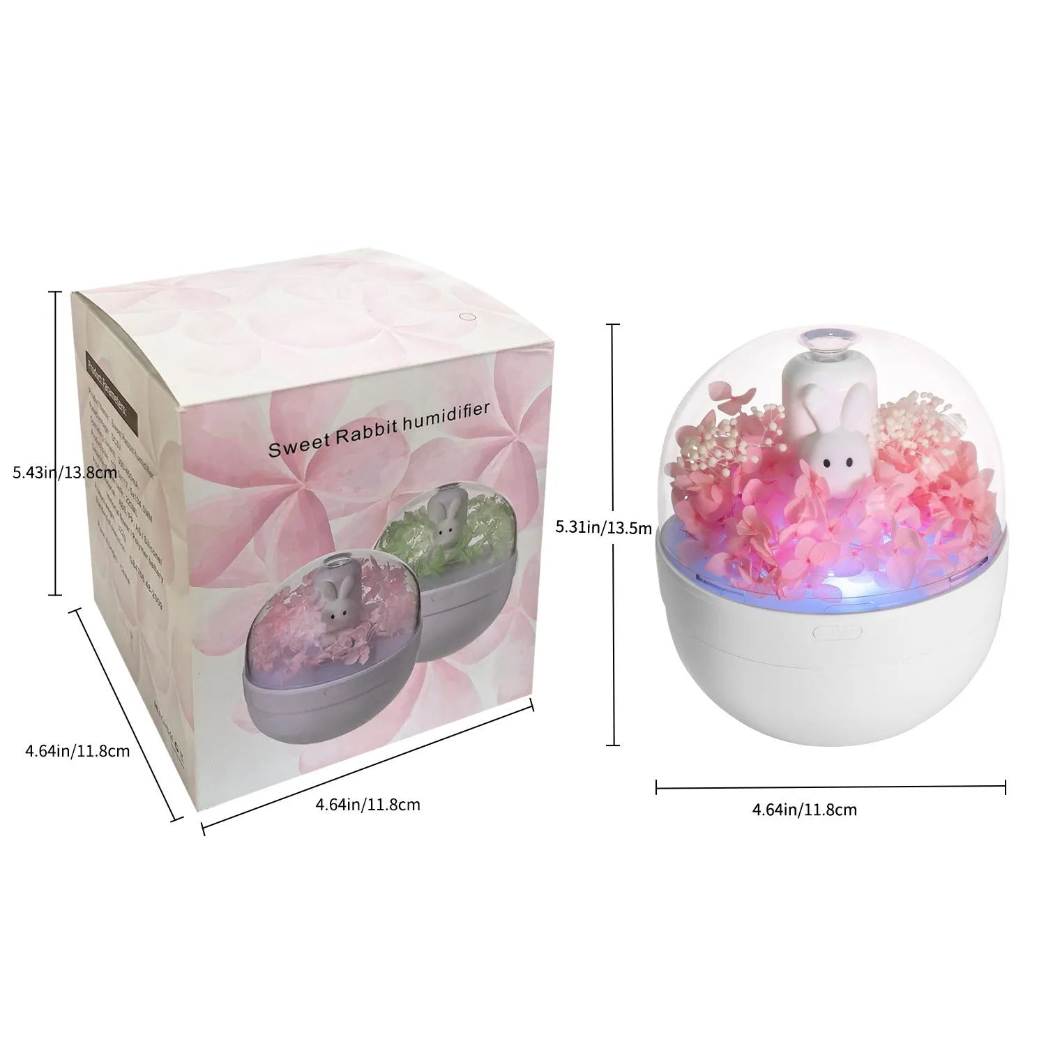 Pink rabbit-shaped aromatherapy humidifier with preserved flower decoration on bedside table
