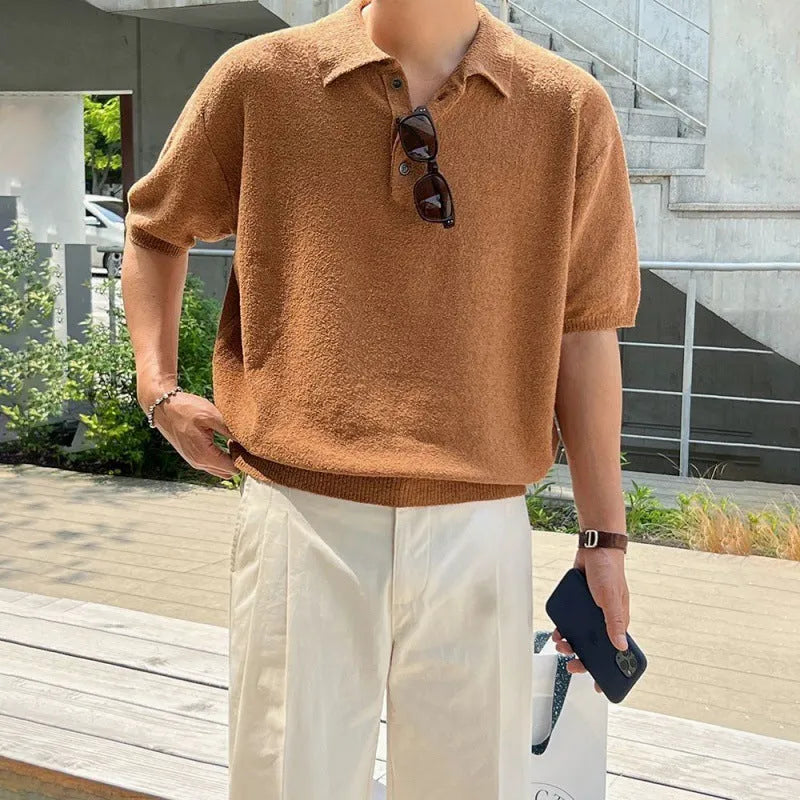 Men's caramel coloured knitted polo shirt with asymmetric design detail and short sleeves