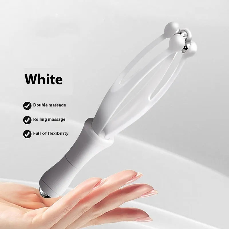 Blue and white PP plastic finger massager with visible electroplated steel balls for hand joint rolling therapy.