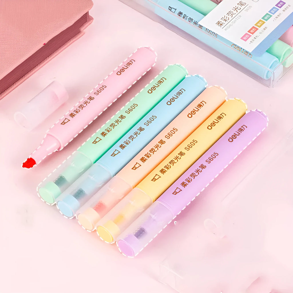 Deli S605 oblique chisel tip highlighter marker pens in macaron, crystal and dark colour sets.