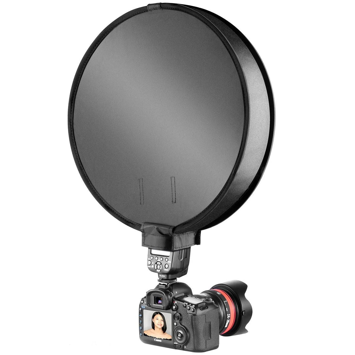 On-camera flash ring soft diffuser in 30cm or 40cm size with reflective material and alloy strip construction