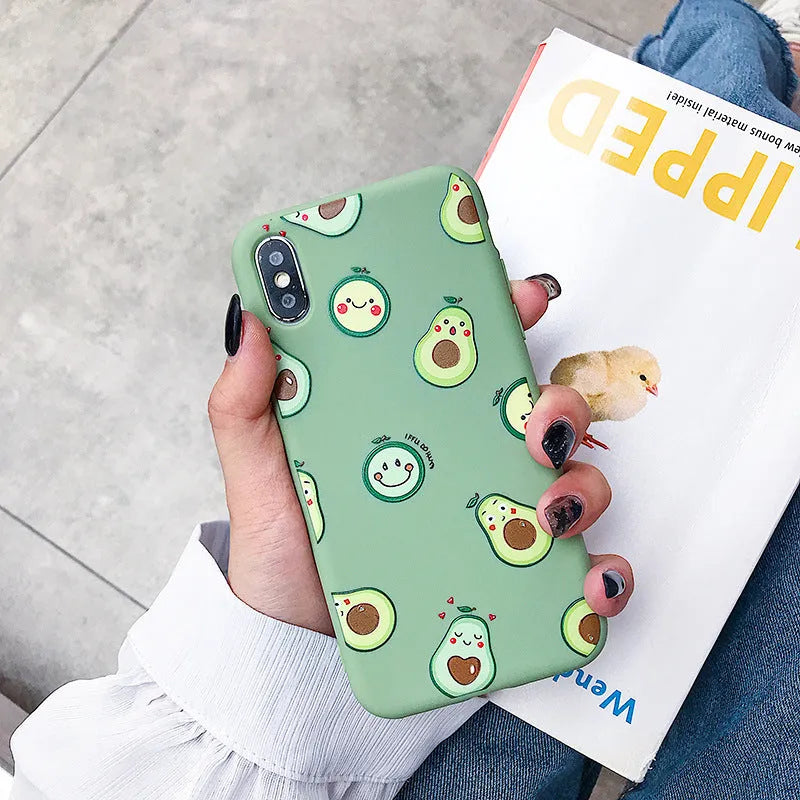 Colourful avocado cartoon design on a flexible TPU phone case for Apple iPhone.