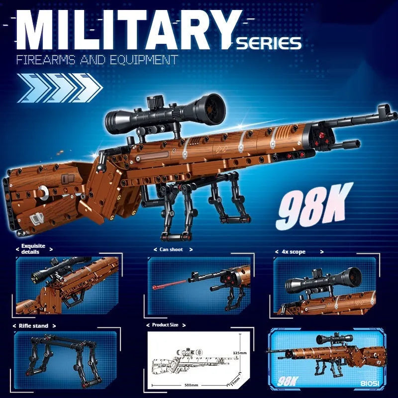 Building blocks toy gun model kit with launch mechanism, bullet assembly, colour box, and rifle style options