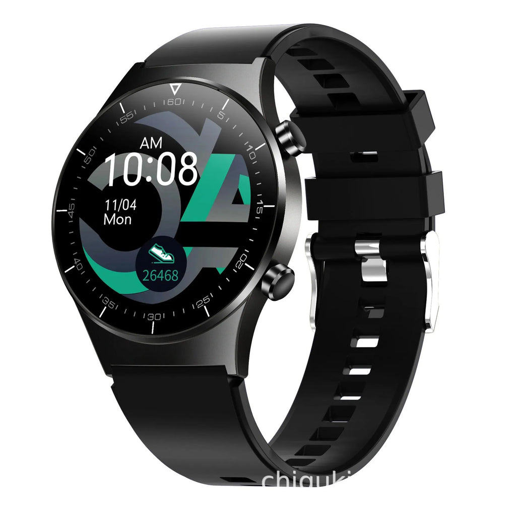 Black smart watch with TPU wristband showing heart rate monitoring on 1.28 inch touch screen