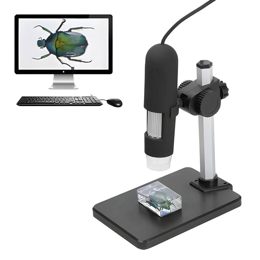 Black USB microscope camera with 1000X magnification, 8 LED lights, and adjustable focus