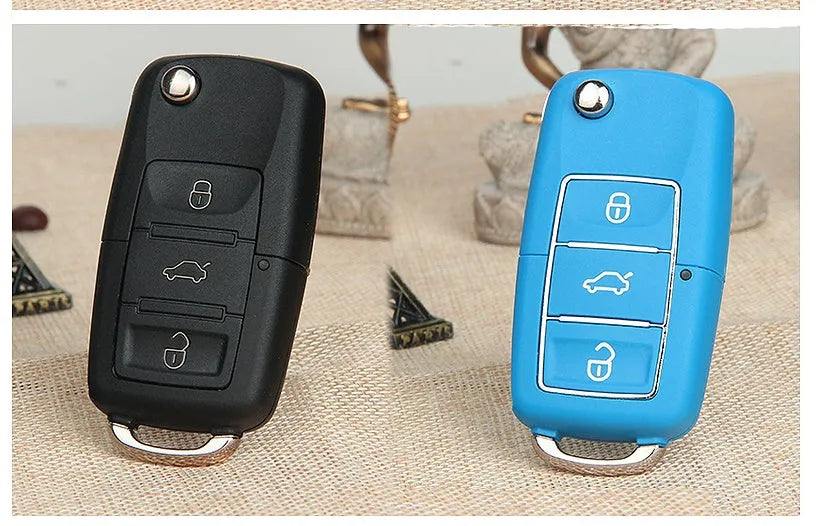 Volkswagen B5 folding key shell in black, 70mm by 35mm by 16mm ABS material with key blank