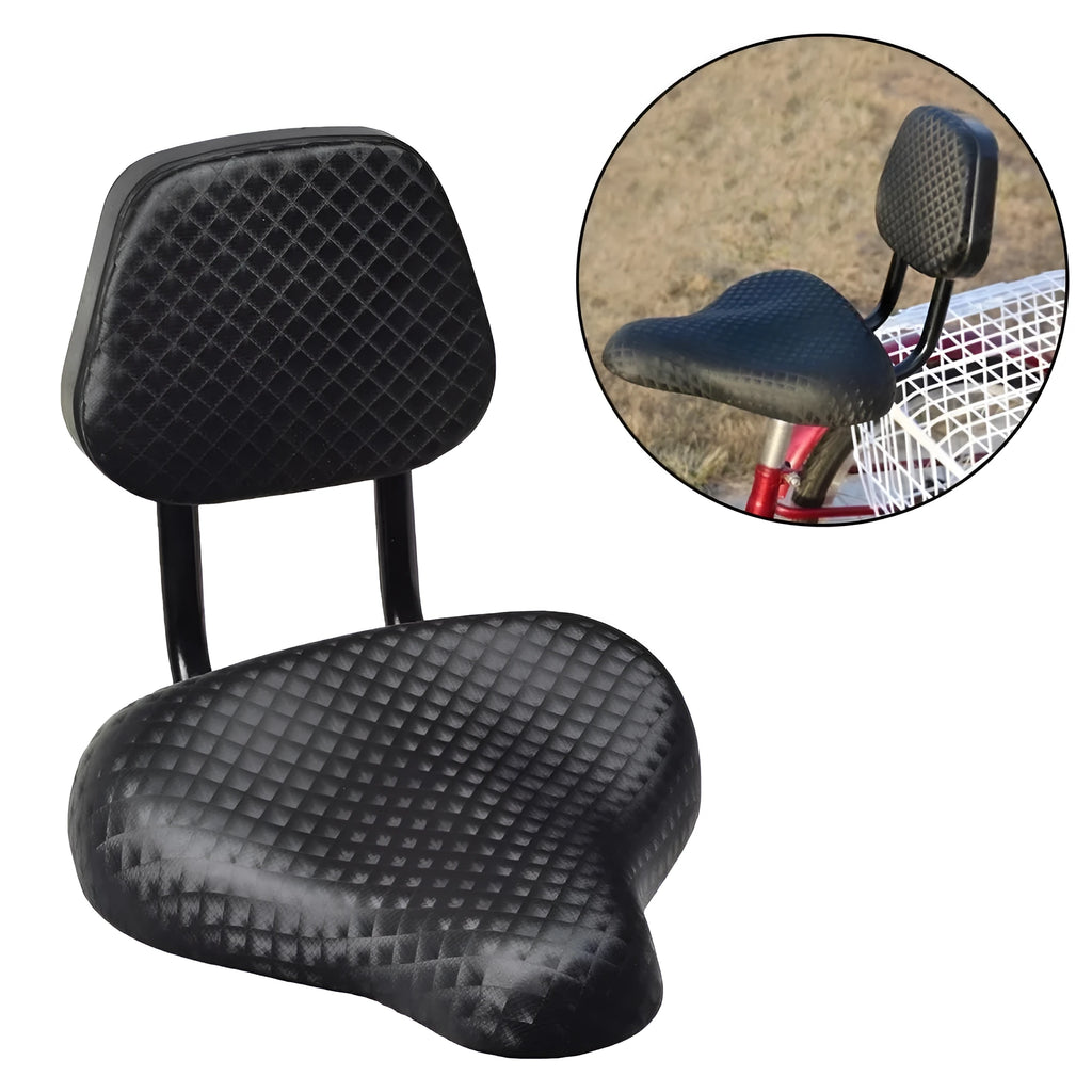 Black mountain bike saddle with front cushion support, compact 25 cm size, on a bicycle