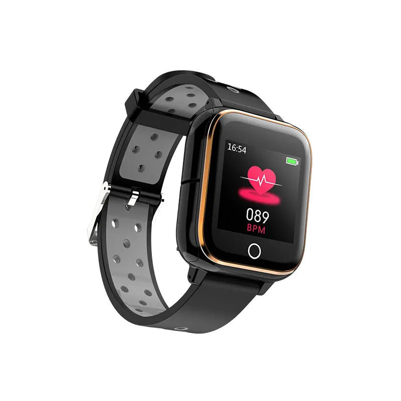 Black smart watch with removable Bluetooth earbuds showing heart rate monitoring on 1.4-inch screen