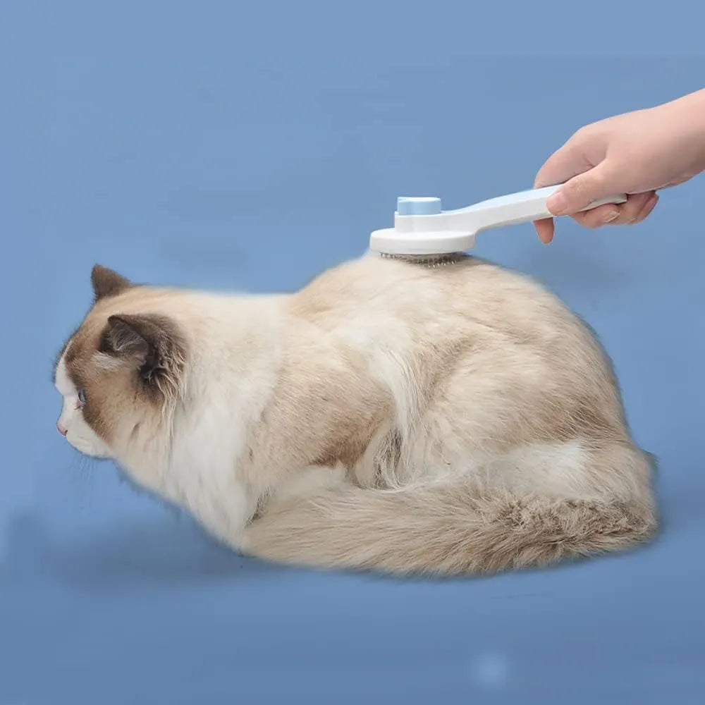 Blue self-cleaning cat brush with rubber-tipped pins and a one-click button on the handle