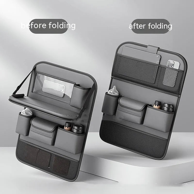 Leather car seat storage bag with foldable dining table in black colour