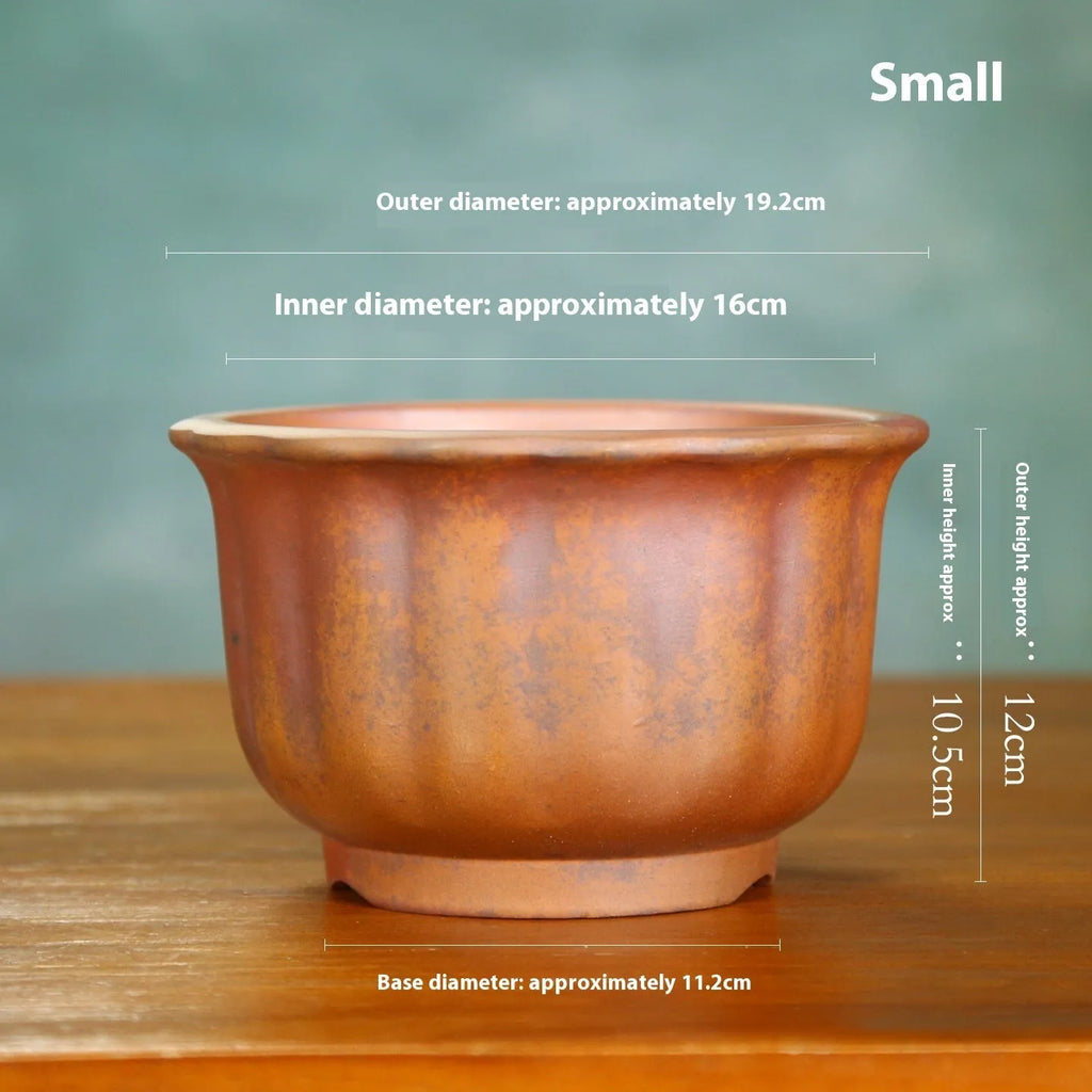 Indoor antique carved ceramic flower pot with purple sand finish in S1696 firewood colour