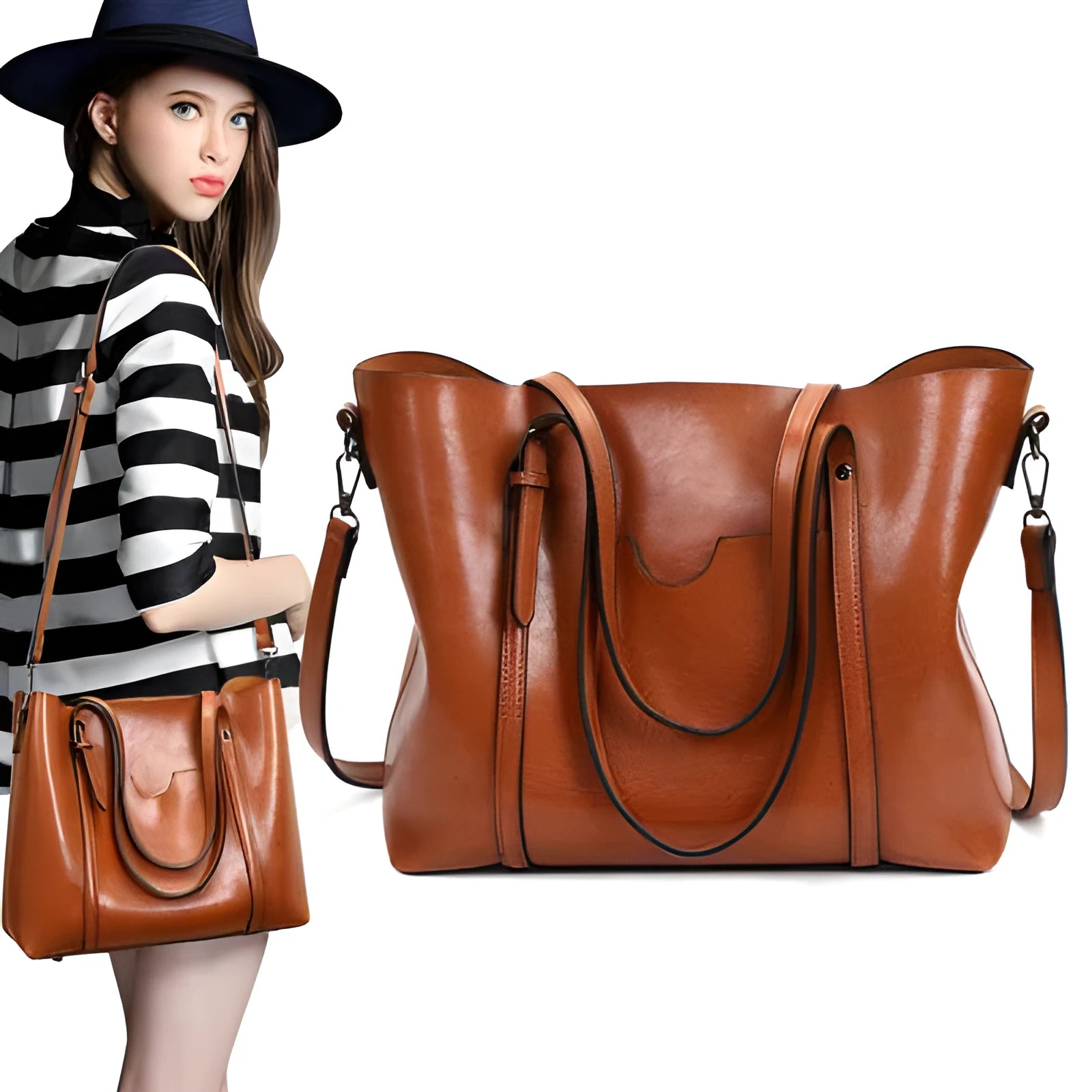 Retro-style women's messenger bag in PU leather with shoulder strap, shown in a light blue colour.