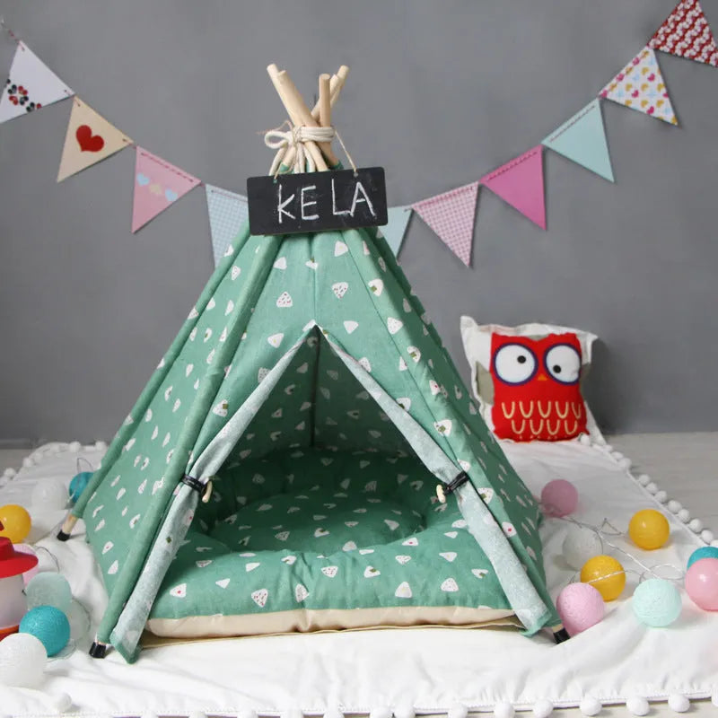 Green triangular pet tent kennel with cotton cover and wood stick frame for small dogs and cats