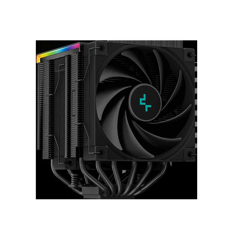 DeepCool twin tower CPU air cooler with digital display screen, black aluminium fins and copper heat pipes.