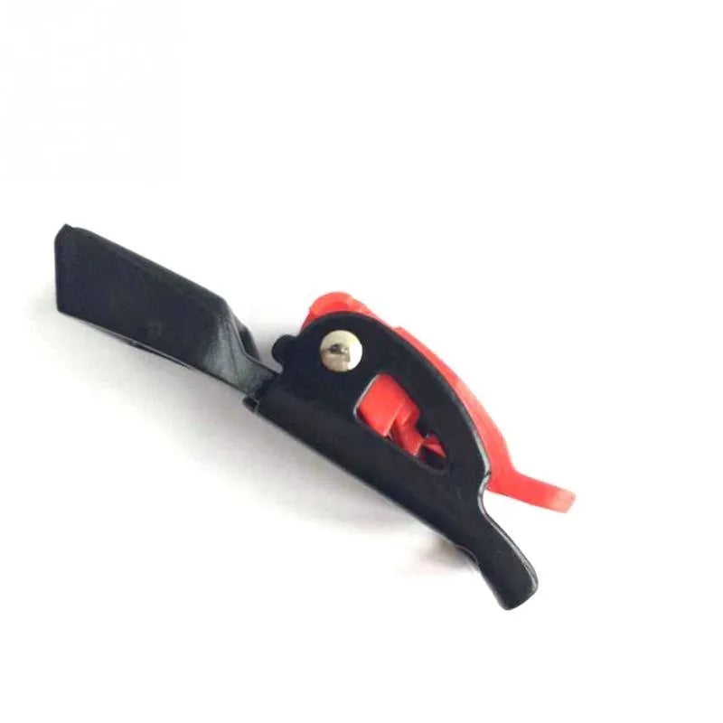 Three black and red plastic quick release helmet chin strap buckle clips on white background