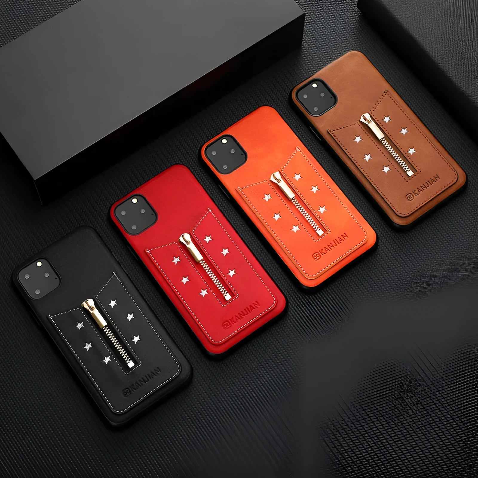 Black PU leather zipper phone case for iPhone with card slots and RFID blocking