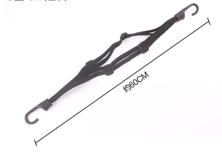 Black elastic motorcycle helmet strap with 2 hooks, 60cm relaxed length, stretching to 120cm