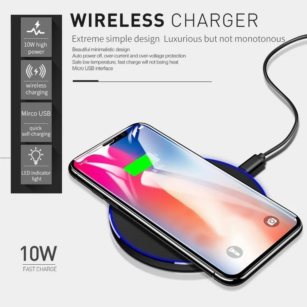 Ultra-thin black wireless charging pad with USB cable on desk
