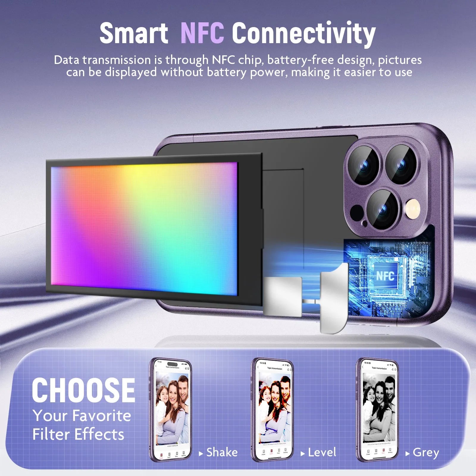 Black and purple iPhone 15 Pro NFC ink screen flip phone case with customisable display