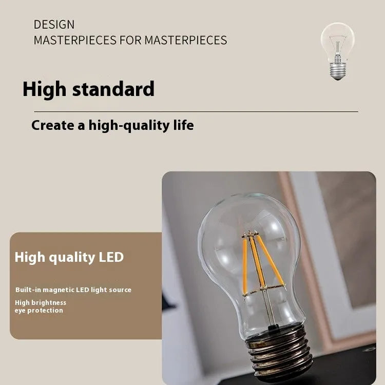 Suspension bulb small night lamp with iron art construction and wood grain base