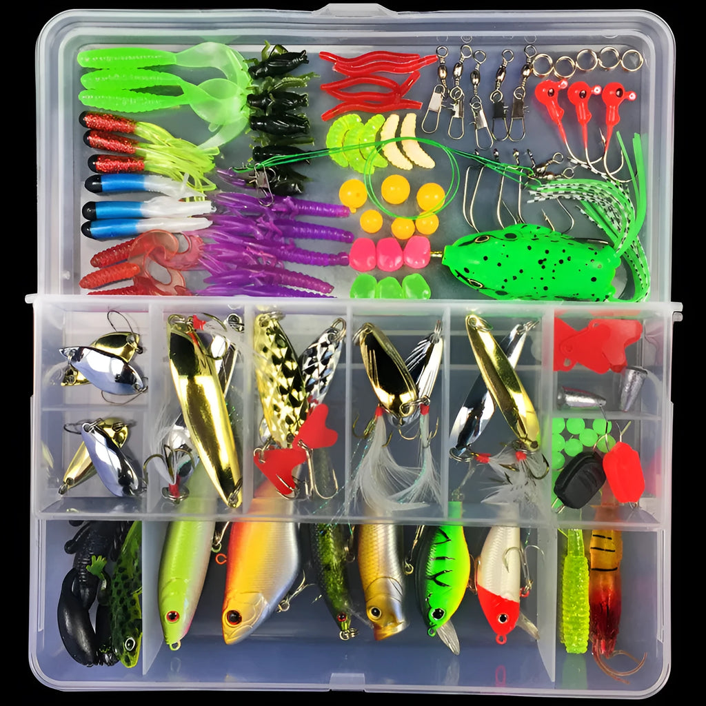 Fishing lure suit with PP plastic box containing multiple artificial baits in compartmentalised storage