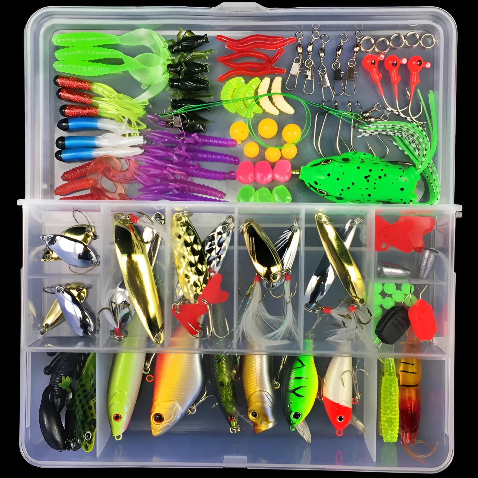 Fishing lure suit with PP plastic box containing multiple artificial baits in compartmentalised storage