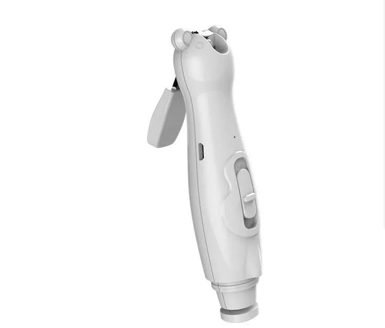 Electric baby nail clippers trimmer with green ABS shell, USB charging cable, and six grinding heads on a white background