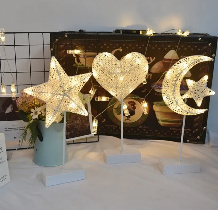 Battery-powered LED decorative lamp in star, love, or moon shape with rattan construction
