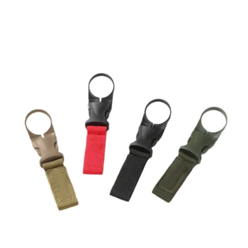 Nylon water bottle hanging buckle with webbing strap, 55g, in black, army green, khaki, or red